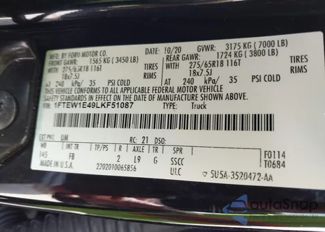 2020 Ford F-150 Xlt z USA, uszkodzony, nr VIN 1FTEW1E49LKF51087